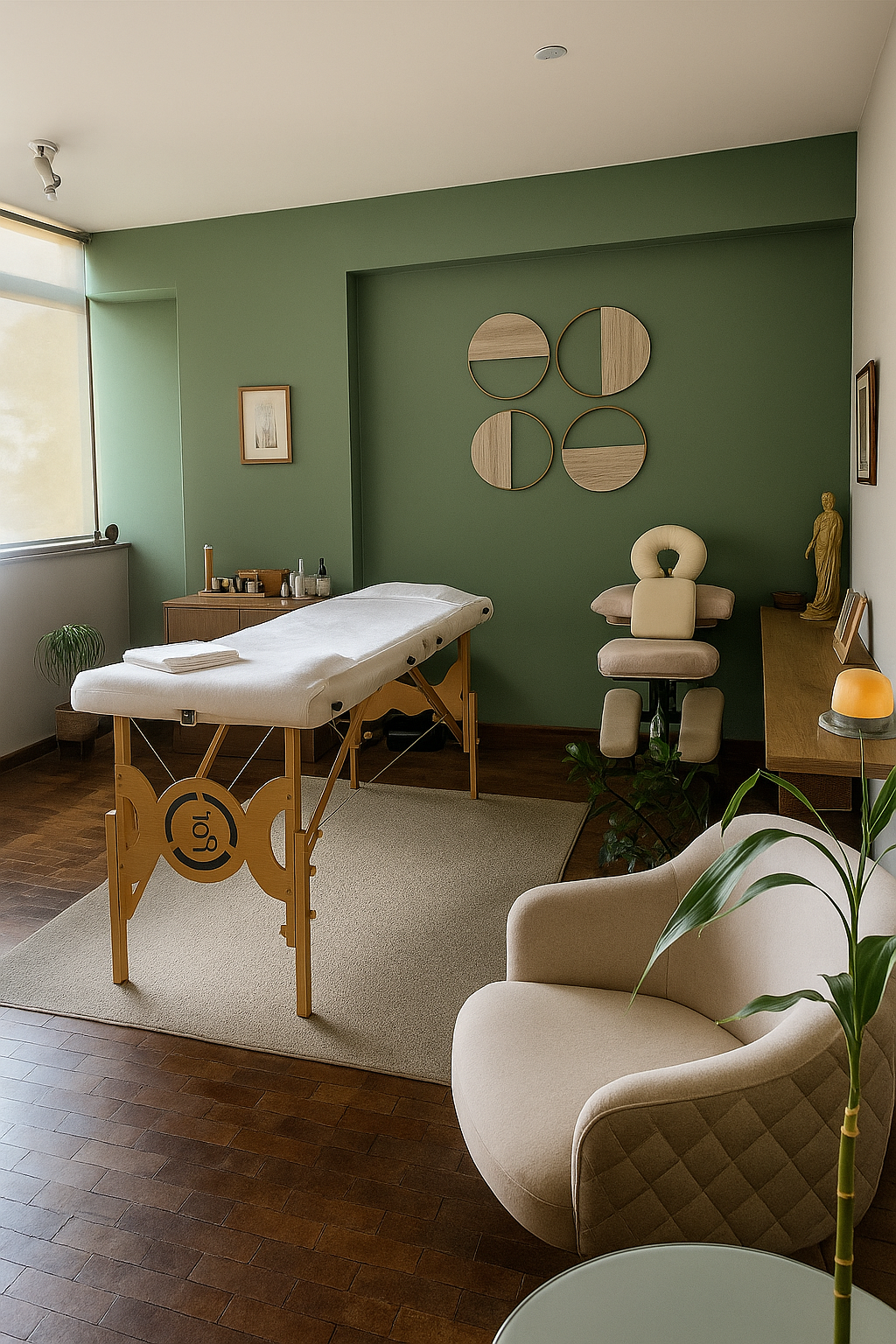 Sala de atendimento com maca preparada para sessão